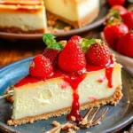 Delicious slice of classic strawberry cheesecake with fresh strawberries