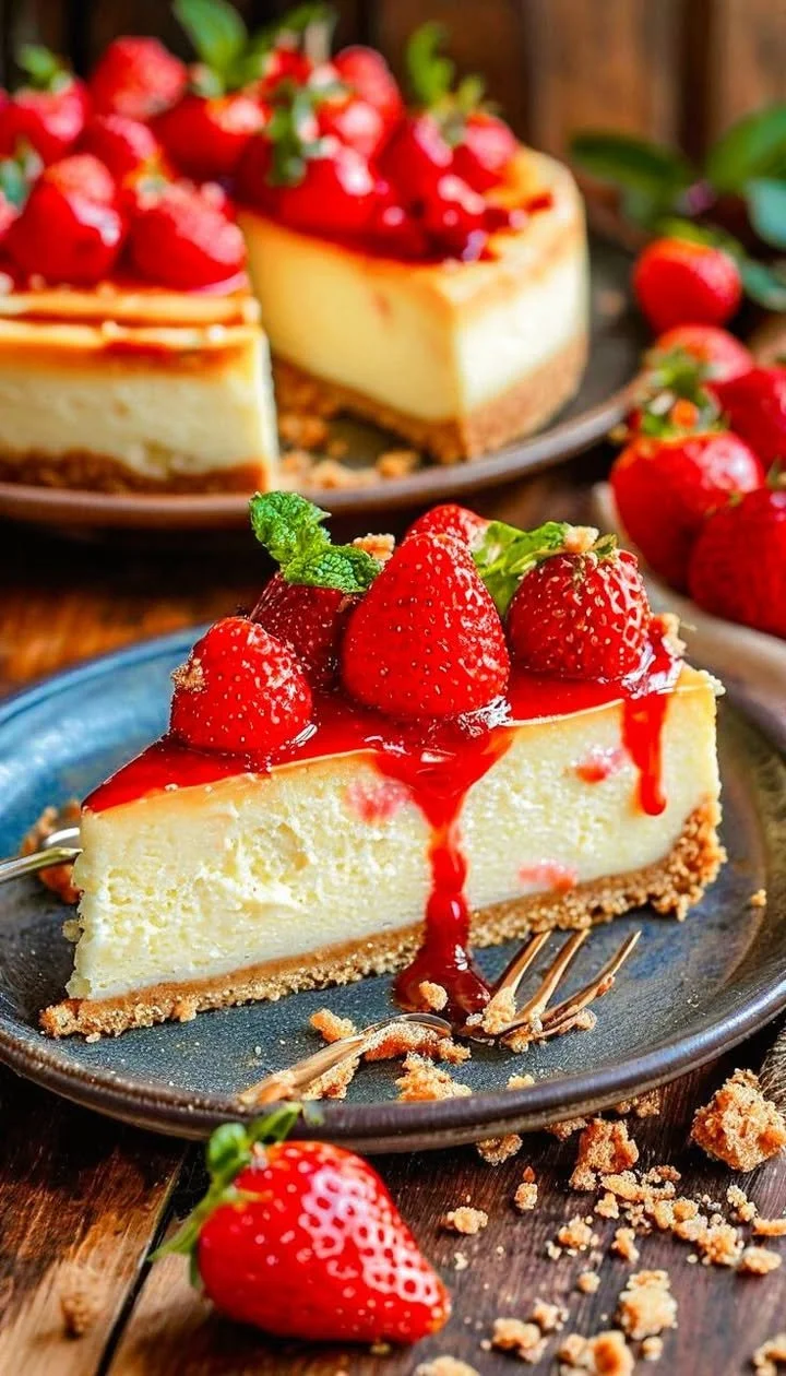 Delicious slice of classic strawberry cheesecake with fresh strawberries