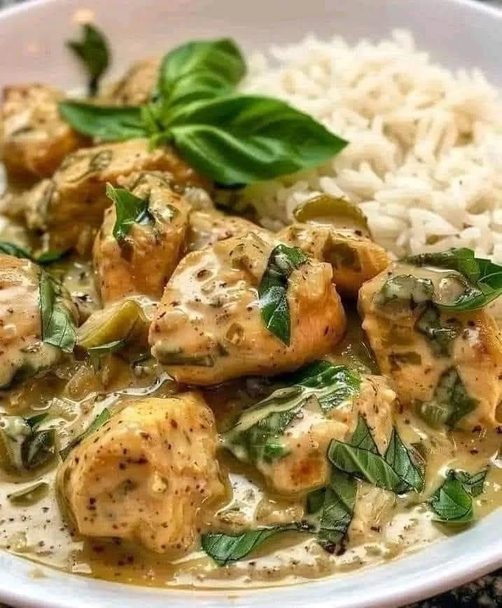 Dish of Coconut Basil Chicken Delight with fresh basil and coconut cream