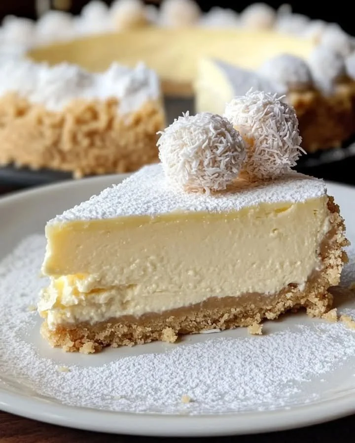 Delicious homemade Coconut Cheesecake topped with toasted coconut flakes