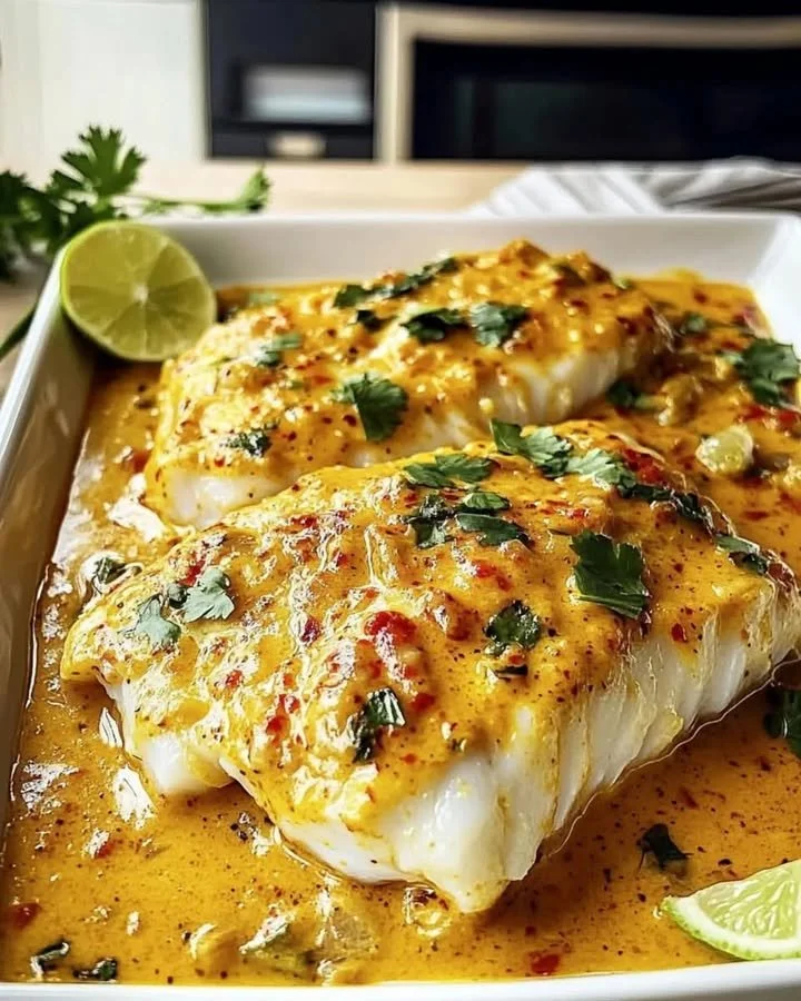 Plate of Coconut Curry Baked Cod garnished with herbs and served with rice.