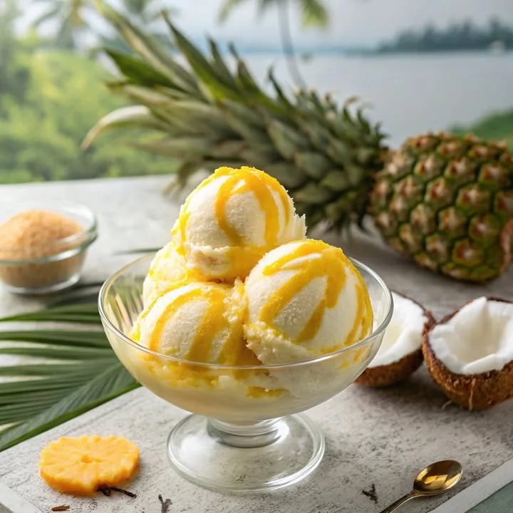 Delicious Coconut Pineapple Sorbet in a bowl with fresh pineapple and coconut slices.