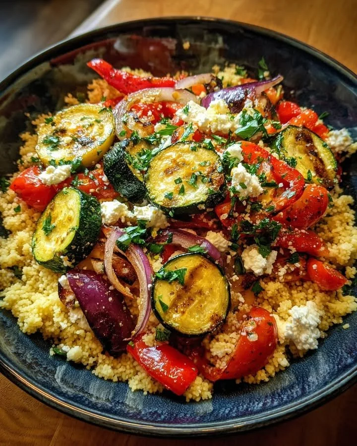 Cold couscous salad with roasted vegetables and feta cheese