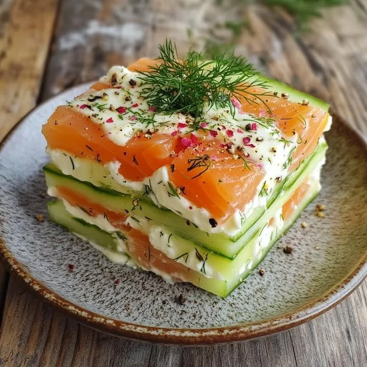 Cold cucumber salmon lasagna layered with dill and fresh ingredients