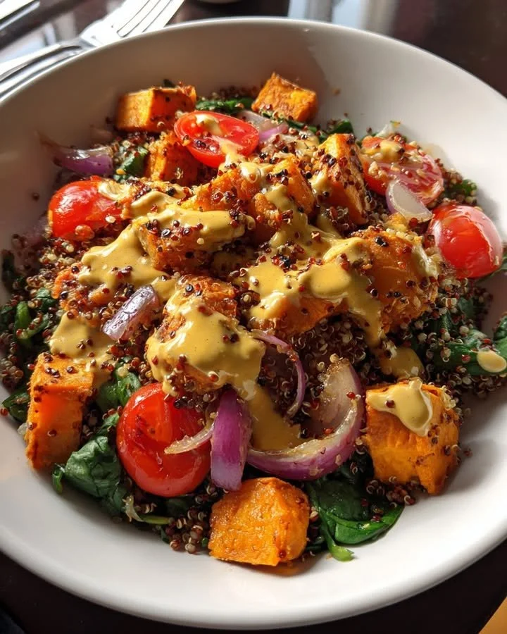 Cold roasted sweet potato quinoa bowl topped with tahini sauce.