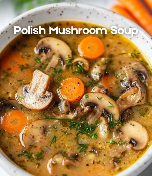 A bowl of comforting Polish mushroom soup topped with fresh herbs
