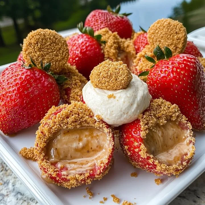 Delicious cookie butter cheesecake stuffed berries on a white plate