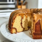 Slice of cookie butter pound cake on a plate with a fork