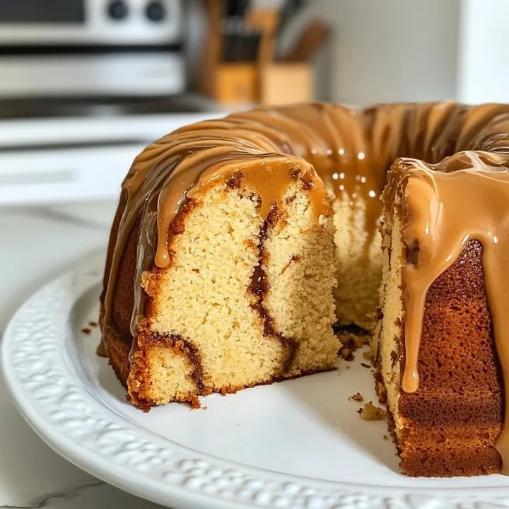 Slice of cookie butter pound cake on a plate with a fork