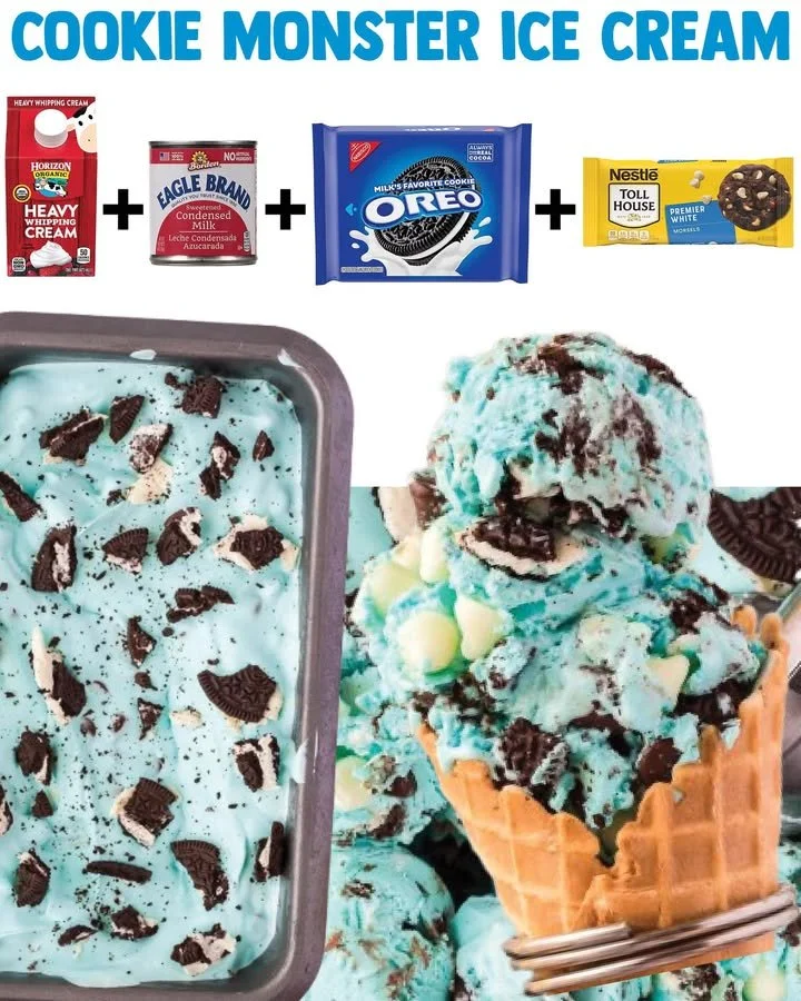 Delicious Cookie Monster Ice Cream with cookie dough and chocolate chips