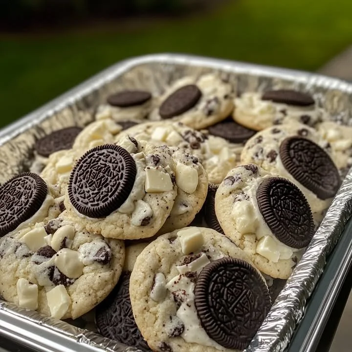 Delicious homemade Cookies and Cream Cookies on a baking tray
