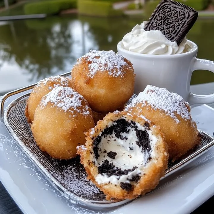 Delicious Cookies & Cream Cheesecake Deep Fried Oreos, a sweet dessert treat.