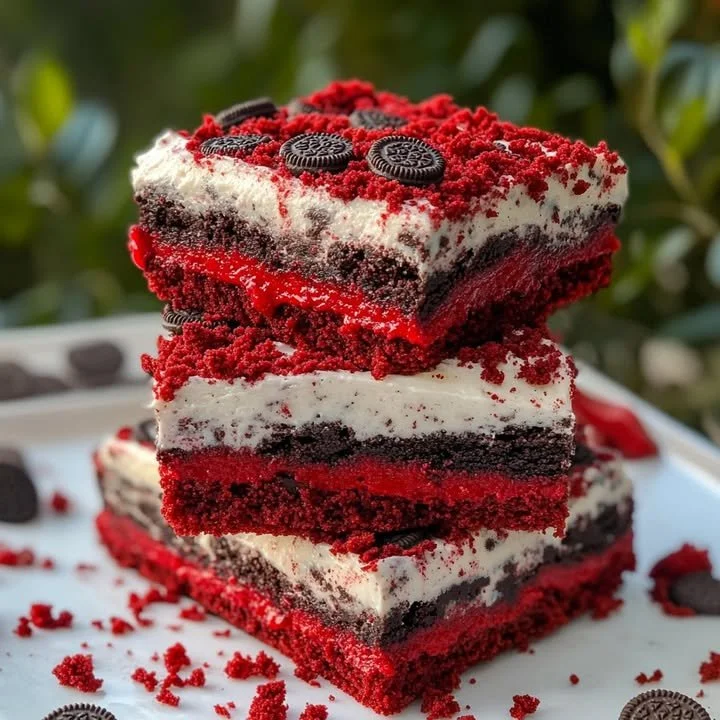 Cookies & Cream Red Velvet Brownies topped with cream