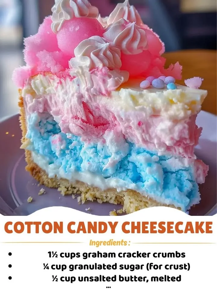 Slice of colorful Cotton Candy Cheesecake topped with whipped cream and sprinkles