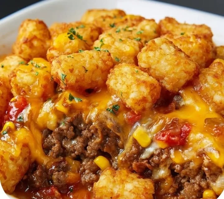 Delicious cowboy casserole topped with cheese and crispy toppings.