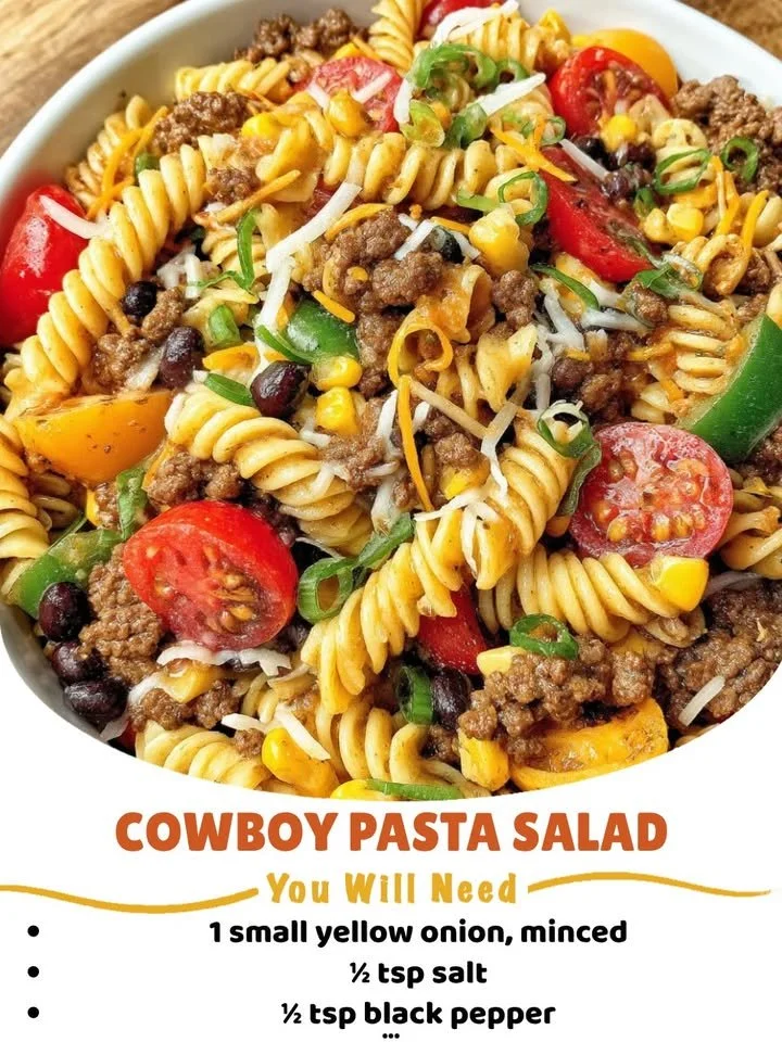 Colorful Cowboy Pasta Salad with fresh veggies and dressing