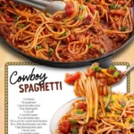 Delicious Cowboy Spaghetti served with fresh ingredients and herbs.