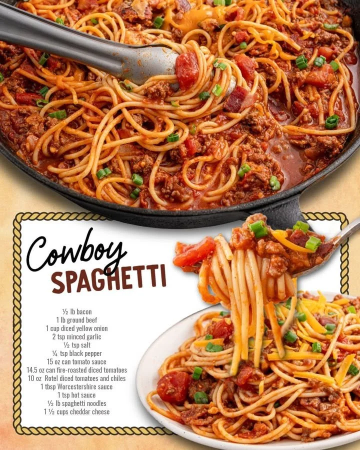 Delicious Cowboy Spaghetti served with fresh ingredients and herbs.