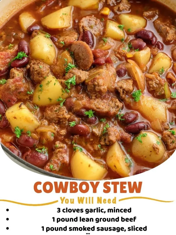 A hearty bowl of Cowboy Stew filled with meat, beans, and vegetables.