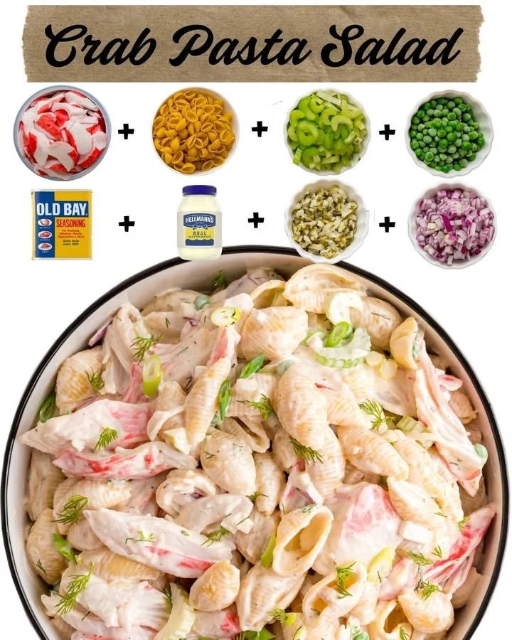 Delicious crab pasta salad with fresh vegetables and creamy dressing