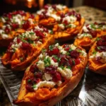 Cranberry goat cheese stuffed sweet potato boats garnished with herbs