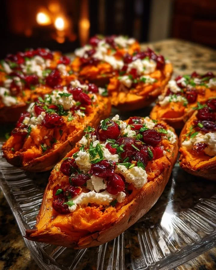 Cranberry goat cheese stuffed sweet potato boats garnished with herbs