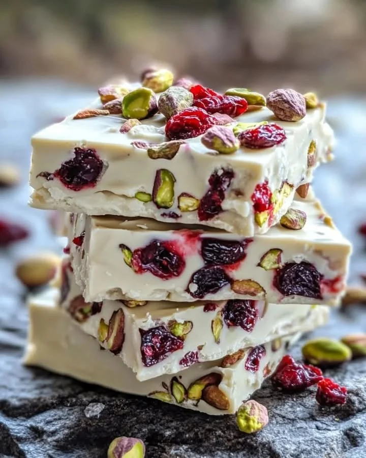 Delicious cranberry pistachio fudge with white chocolate in festive presentation