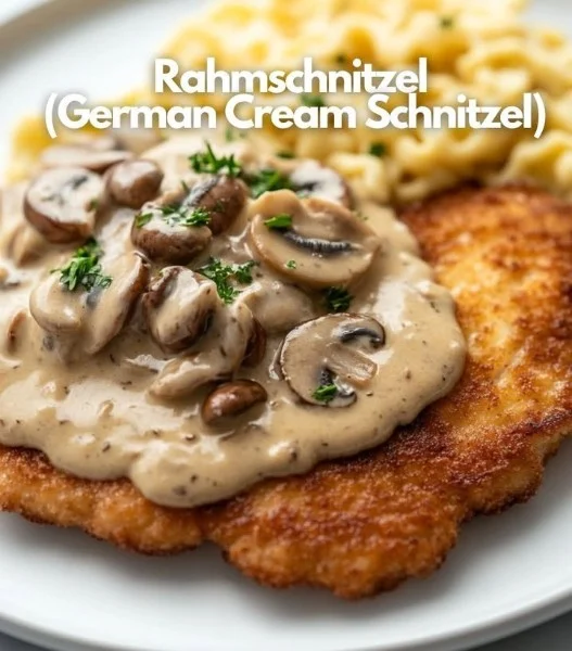 Delicious Cream Schnitzel served with herbs and garnishes
