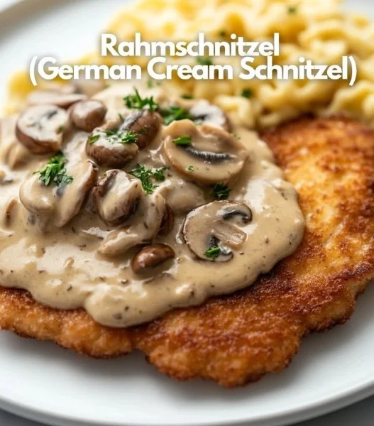 Delicious plate of Cream Schnitzel with creamy sauce and garnishes