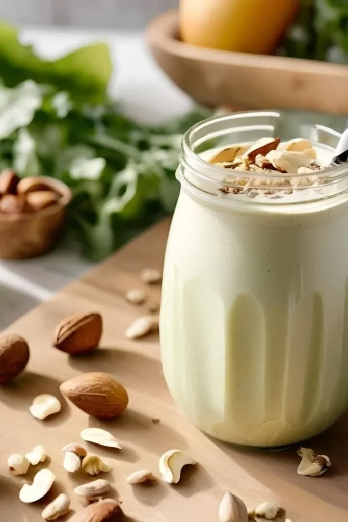 Creamy almond milkshake with a smooth texture and topped with whipped cream