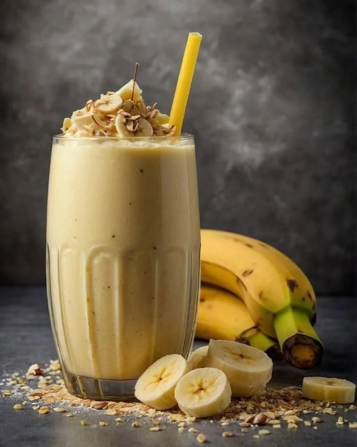 Creamy banana oatmeal smoothie in a glass topped with banana slices