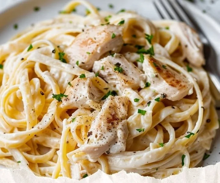 Plate of creamy Chicken Alfredo with pasta and grilled chicken