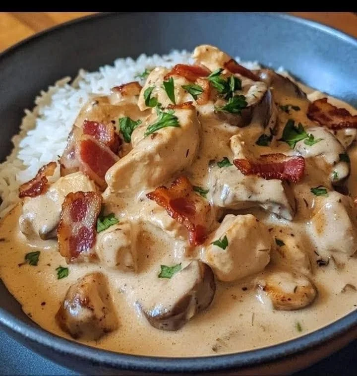 Creamy Chicken Stroganoff with Crispy Bacon served over Rice
