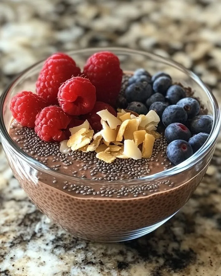 Bowl of creamy chocolate chia pudding topped with fresh berries