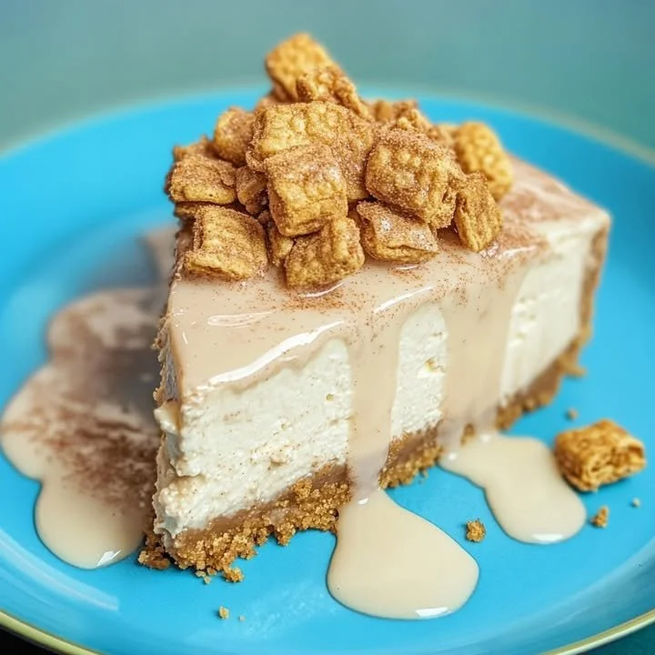 Delicious creamy cinnamon crunch cheesecake topped with cinnamon sugar