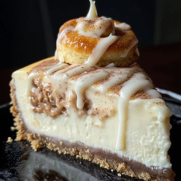 Creamy cinnamon roll cheesecake topped with cinnamon swirl and whipped cream