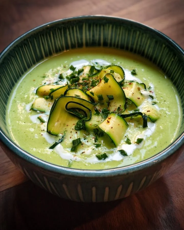 Creamy Cucumber and Zucchini Gazpacho served in a bowl with fresh herbs