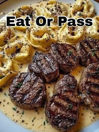 Creamy Garlic Tortellini with Steak Bites served in a bowl