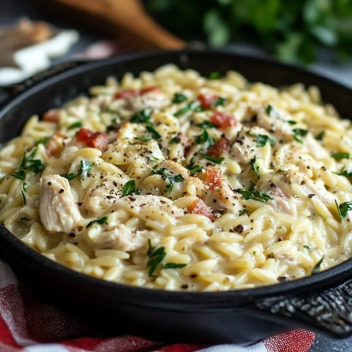 Creamy herb chicken orzo dish garnished with fresh herbs and served in a bowl.