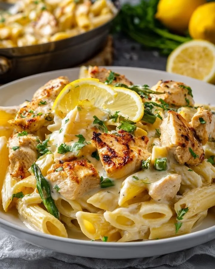 Creamy lemon chicken pasta skillet with fresh herbs and lemon slices
