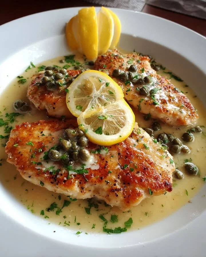 Creamy Lemon Chicken Piccata with capers and fresh parsley on a white plate