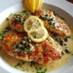 Creamy lemon chicken piccata served on a white plate with lemon slices