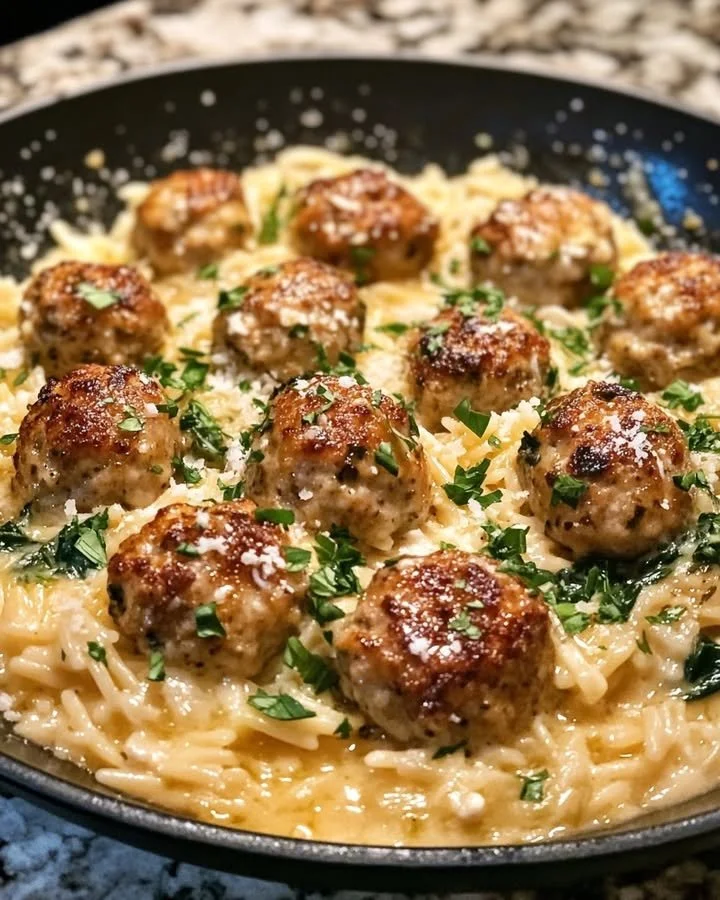 Creamy lemon chicken ricotta meatballs served with spinach and garlic orzo