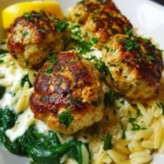 Creamy lemon chicken ricotta meatballs with spinach and garlic orzo dish