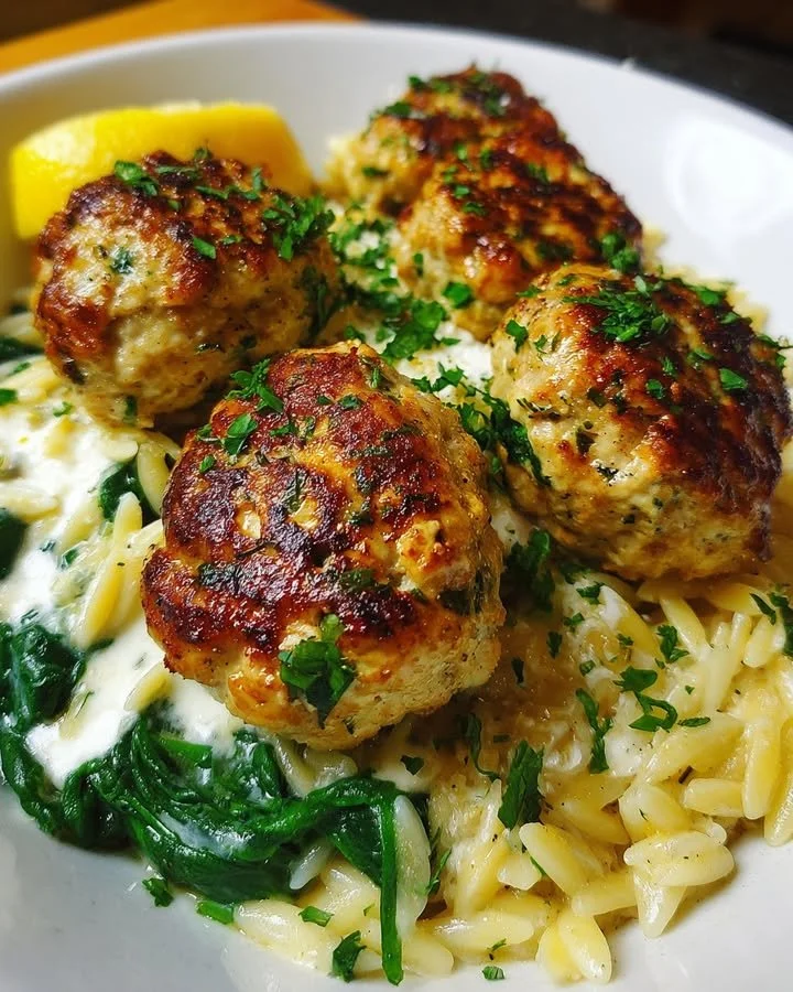 Creamy lemon chicken ricotta meatballs with spinach and garlic orzo dish