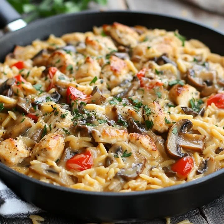 Creamy mushroom and chicken orzo in a skillet, ready to serve