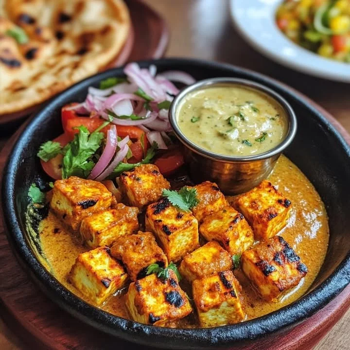 Creamy Paneer Tikka on a platter garnished with herbs