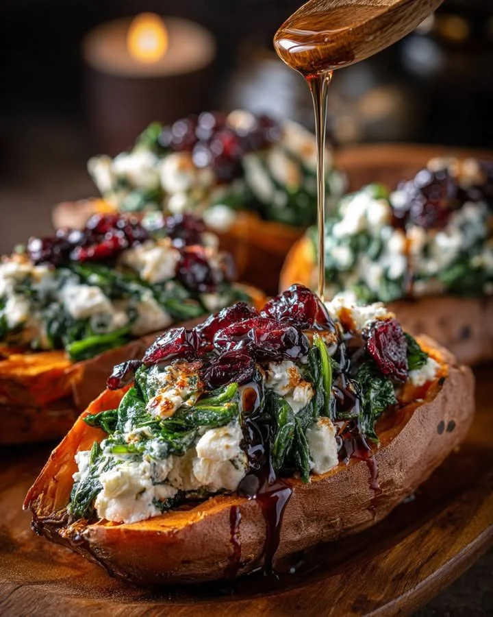 Creamy ricotta and spinach stuffed sweet potatoes with balsamic cranberry glaze