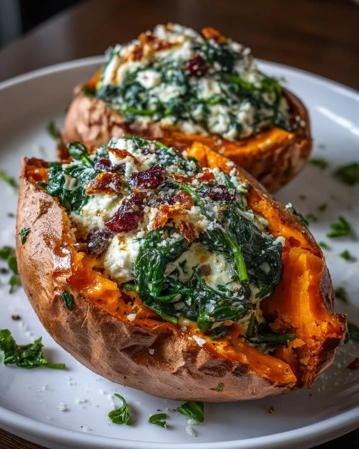 Creamy ricotta and spinach stuffed sweet potatoes with balsamic cranberry glaze