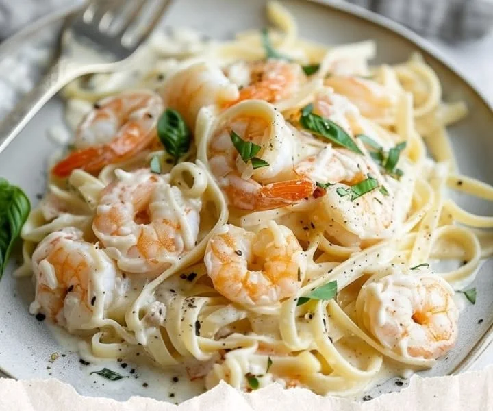 Creamy Shrimp Alfredo pasta dish with succulent shrimp and rich sauce